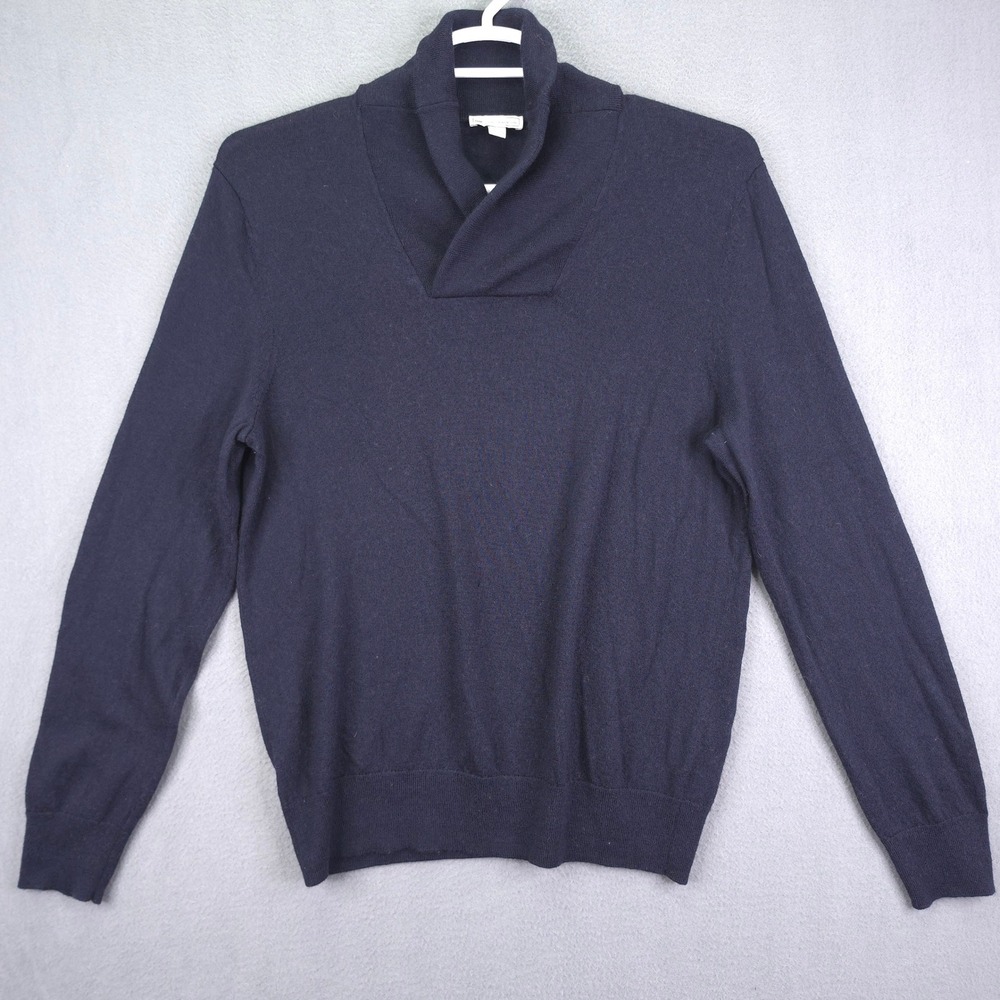 GAP Sweater Mens Large Extra Fine Merino Wool Shawl Neck Pullover Navy Blue L